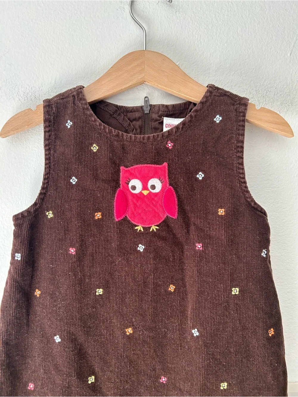 Gymboree 3T Brown Corduroy Owl Applique Embroidered Dress Pink Ruffle Hem